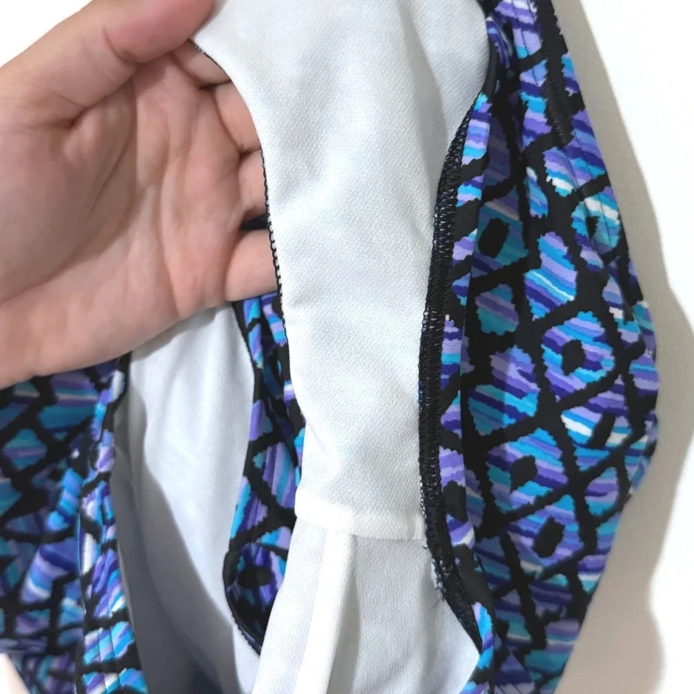 Speedo Womens Geometric Print One Piece Swimsuit Blue Purple V-Neck Size 16